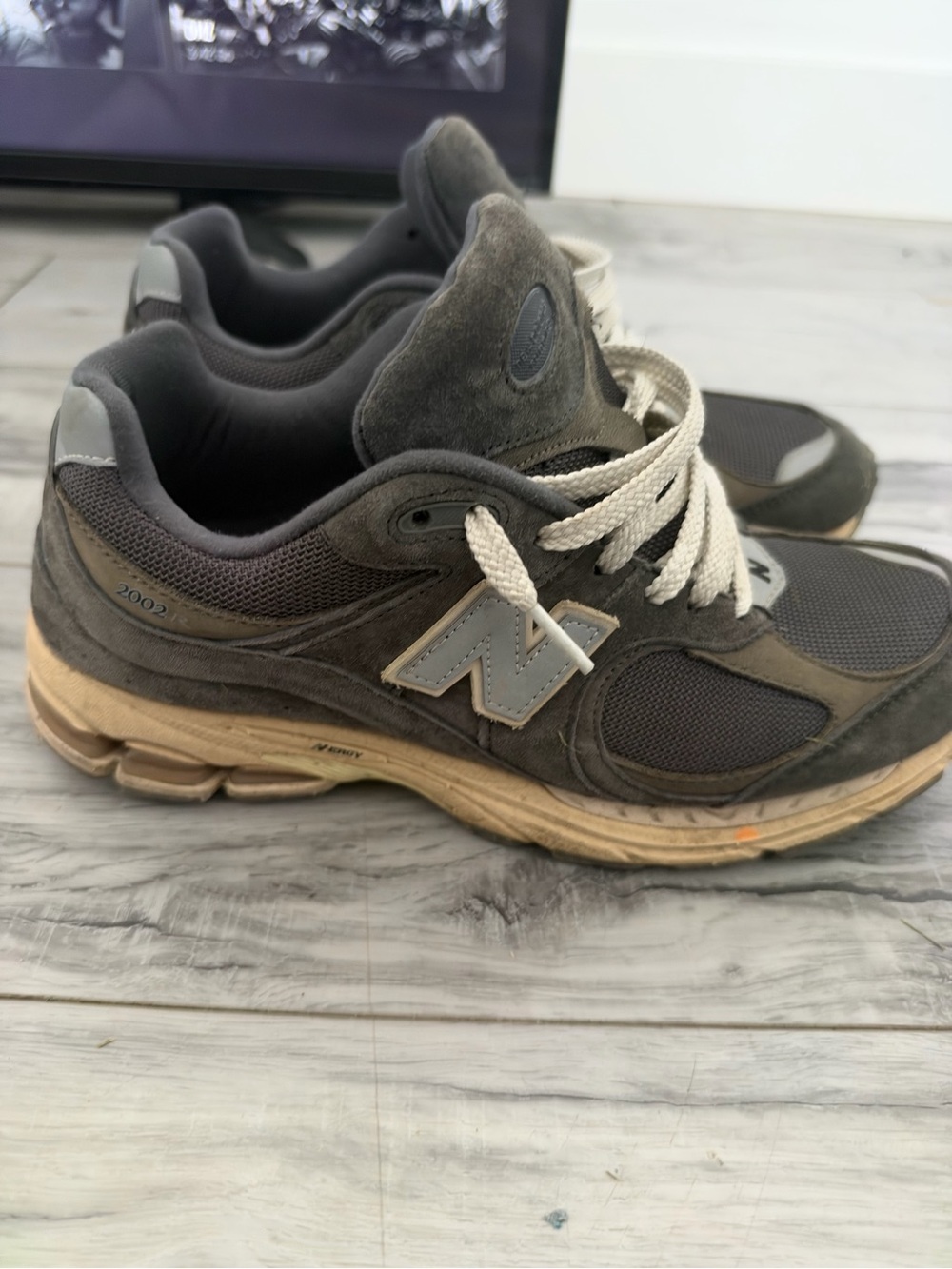 New Balance Men’s 2002R Charcoal Gray Suede & Mesh Sneakers with Cream Laces